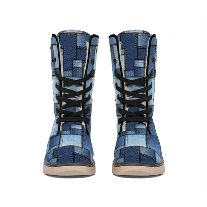 Blue Denim Patchwork Pattern Print Winter Boots
