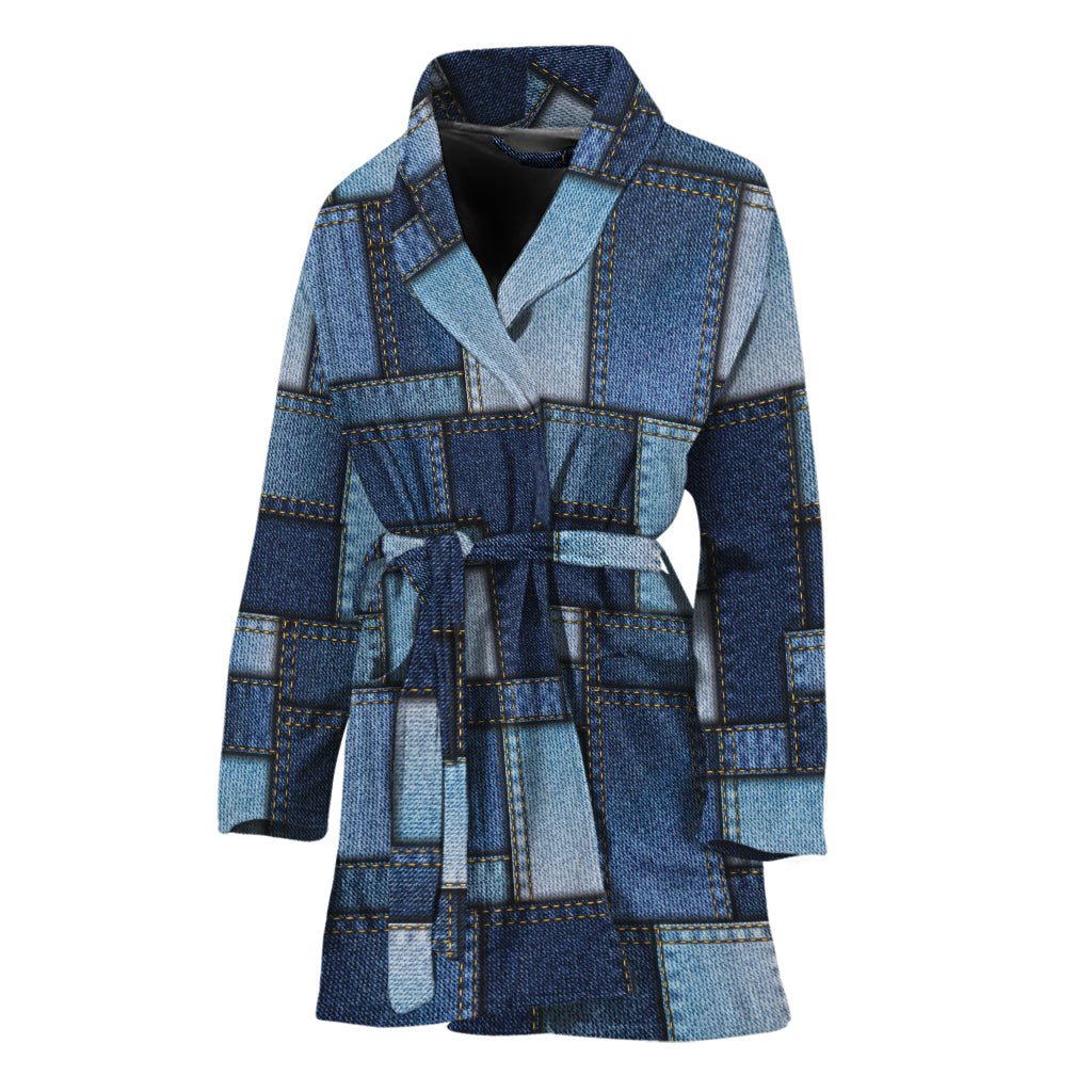 Blue Denim Patchwork Pattern Print Women's Bathrobe