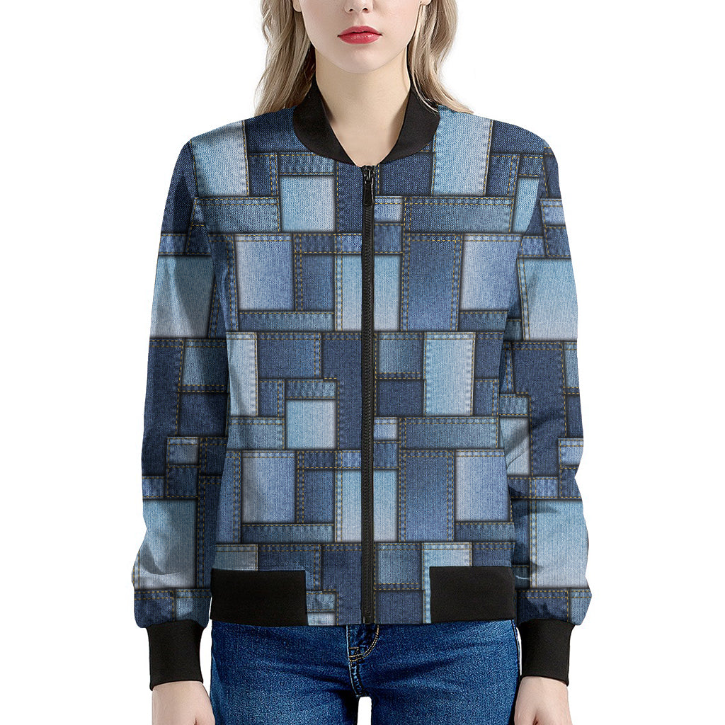 Blue Denim Patchwork Pattern Print Women's Bomber Jacket