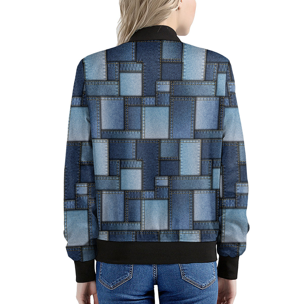 Blue Denim Patchwork Pattern Print Women's Bomber Jacket