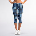 Blue Denim Patchwork Pattern Print Women's Capri Leggings