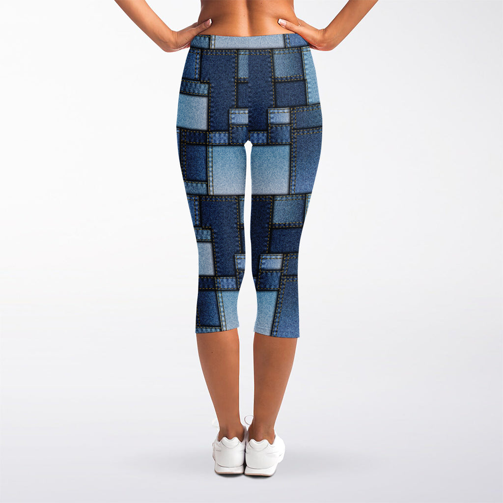 Blue Denim Patchwork Pattern Print Women's Capri Leggings