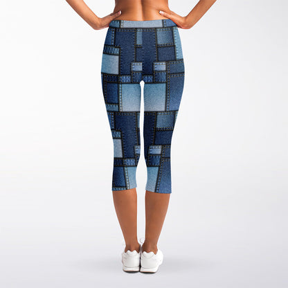 Blue Denim Patchwork Pattern Print Women's Capri Leggings