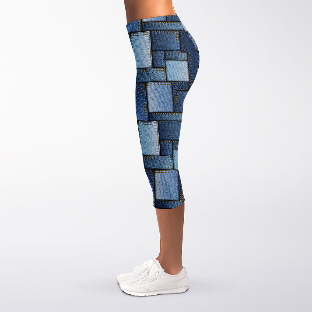 Blue Denim Patchwork Pattern Print Women's Capri Leggings