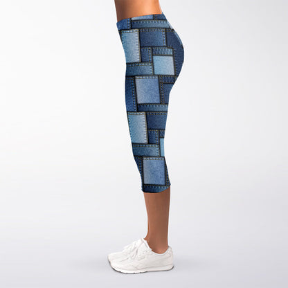 Blue Denim Patchwork Pattern Print Women's Capri Leggings