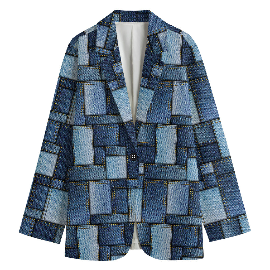 Blue Denim Patchwork Pattern Print Women's Cotton Blazer