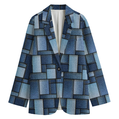Blue Denim Patchwork Pattern Print Women's Cotton Blazer