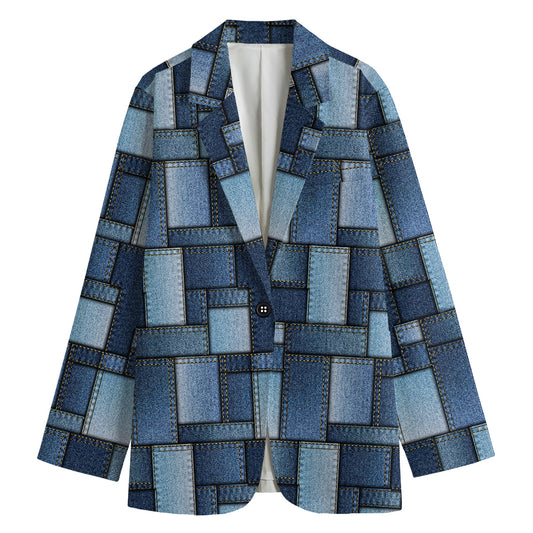 Blue Denim Patchwork Pattern Print Women's Cotton Blazer