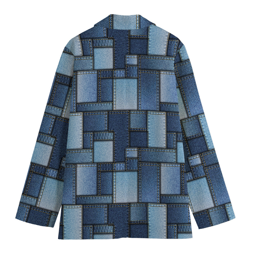 Blue Denim Patchwork Pattern Print Women's Cotton Blazer
