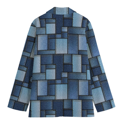 Blue Denim Patchwork Pattern Print Women's Cotton Blazer