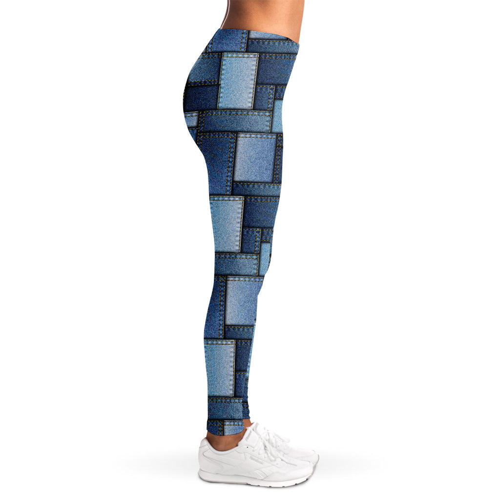 Blue Denim Patchwork Pattern Print Women's Leggings