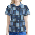 Blue Denim Patchwork Pattern Print Women's Polo Shirt