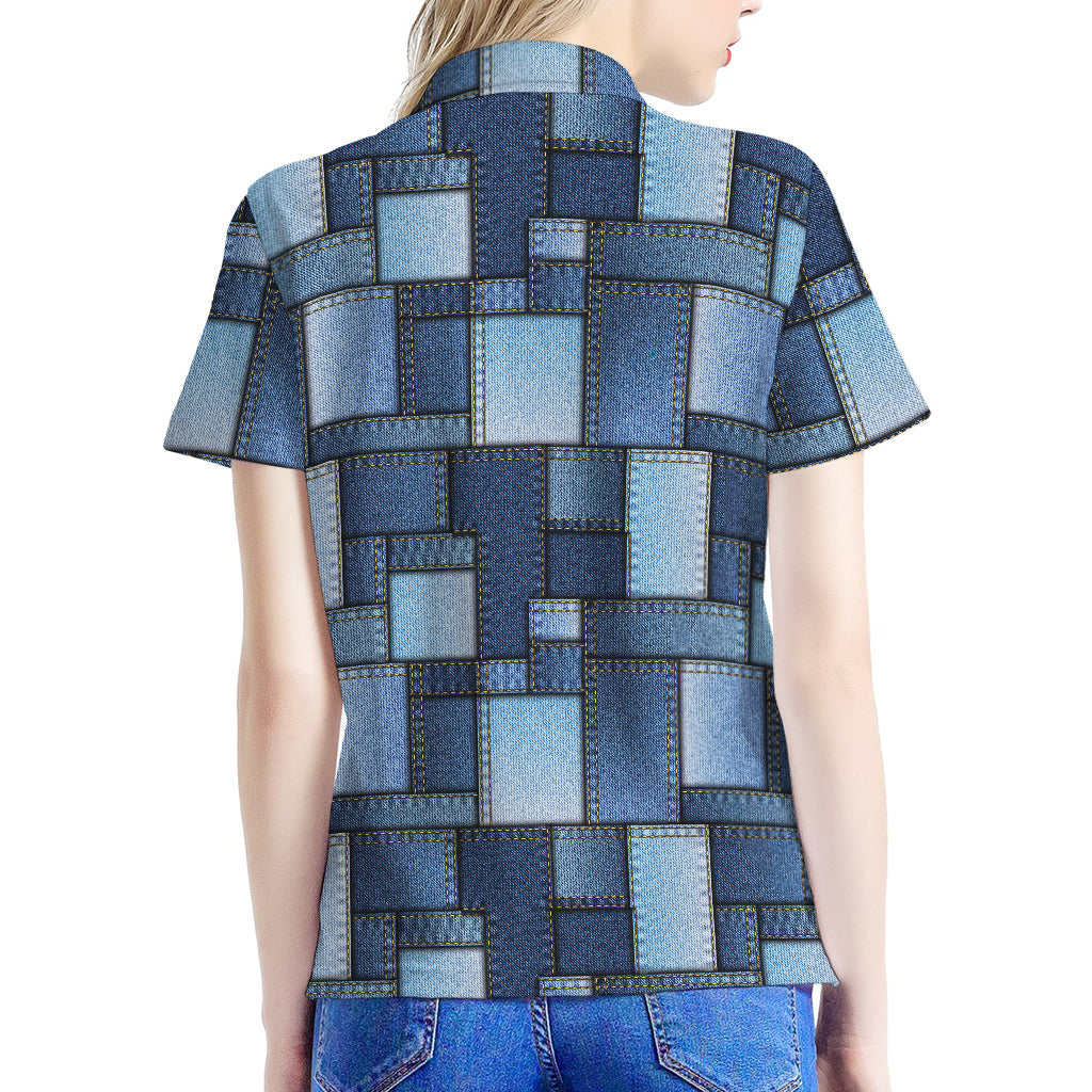 Blue Denim Patchwork Pattern Print Women's Polo Shirt