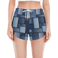 Blue Denim Patchwork Pattern Print Women's Split Running Shorts