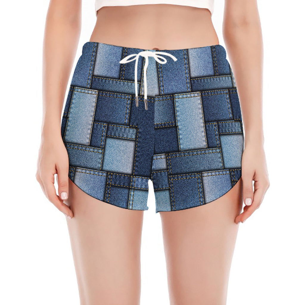 Blue Denim Patchwork Pattern Print Women's Split Running Shorts