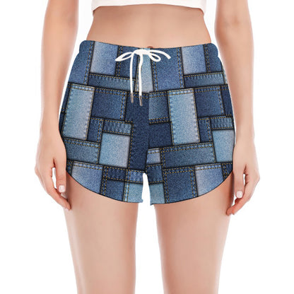 Blue Denim Patchwork Pattern Print Women's Split Running Shorts