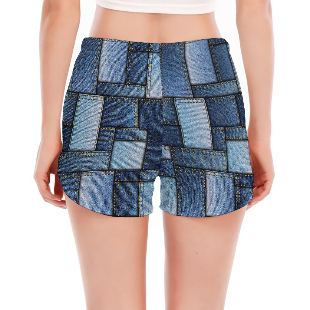 Blue Denim Patchwork Pattern Print Women's Split Running Shorts