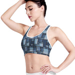 Blue Denim Patchwork Pattern Print Women's Sports Bra