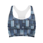 Blue Denim Patchwork Pattern Print Women's Sports Bra