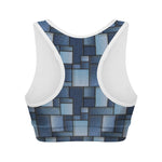 Blue Denim Patchwork Pattern Print Women's Sports Bra