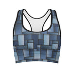 Blue Denim Patchwork Pattern Print Women's Sports Bra