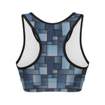 Blue Denim Patchwork Pattern Print Women's Sports Bra
