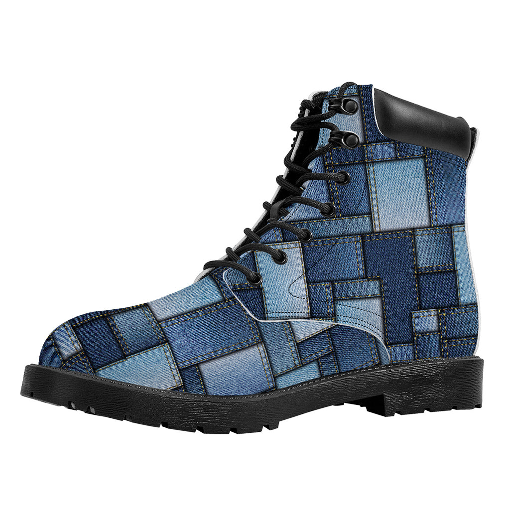 Blue Denim Patchwork Pattern Print Work Boots