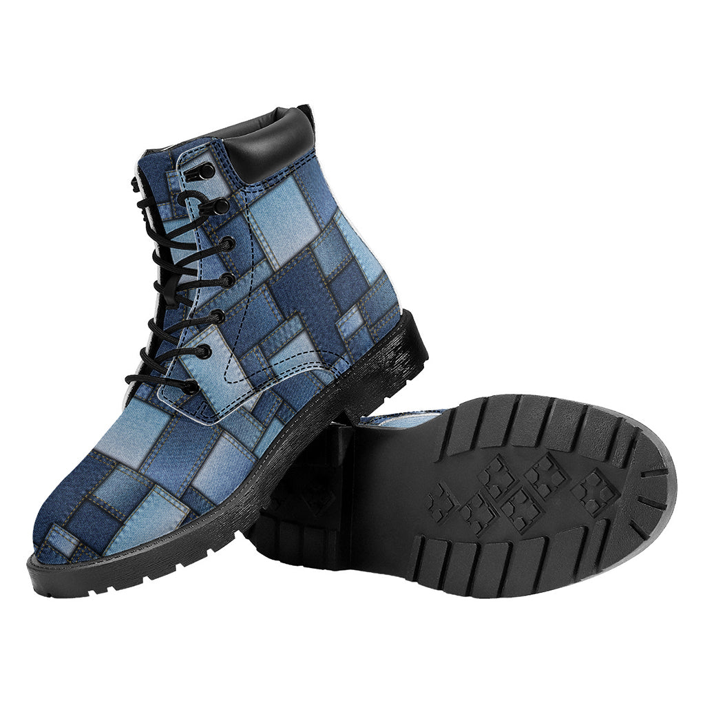 Blue Denim Patchwork Pattern Print Work Boots