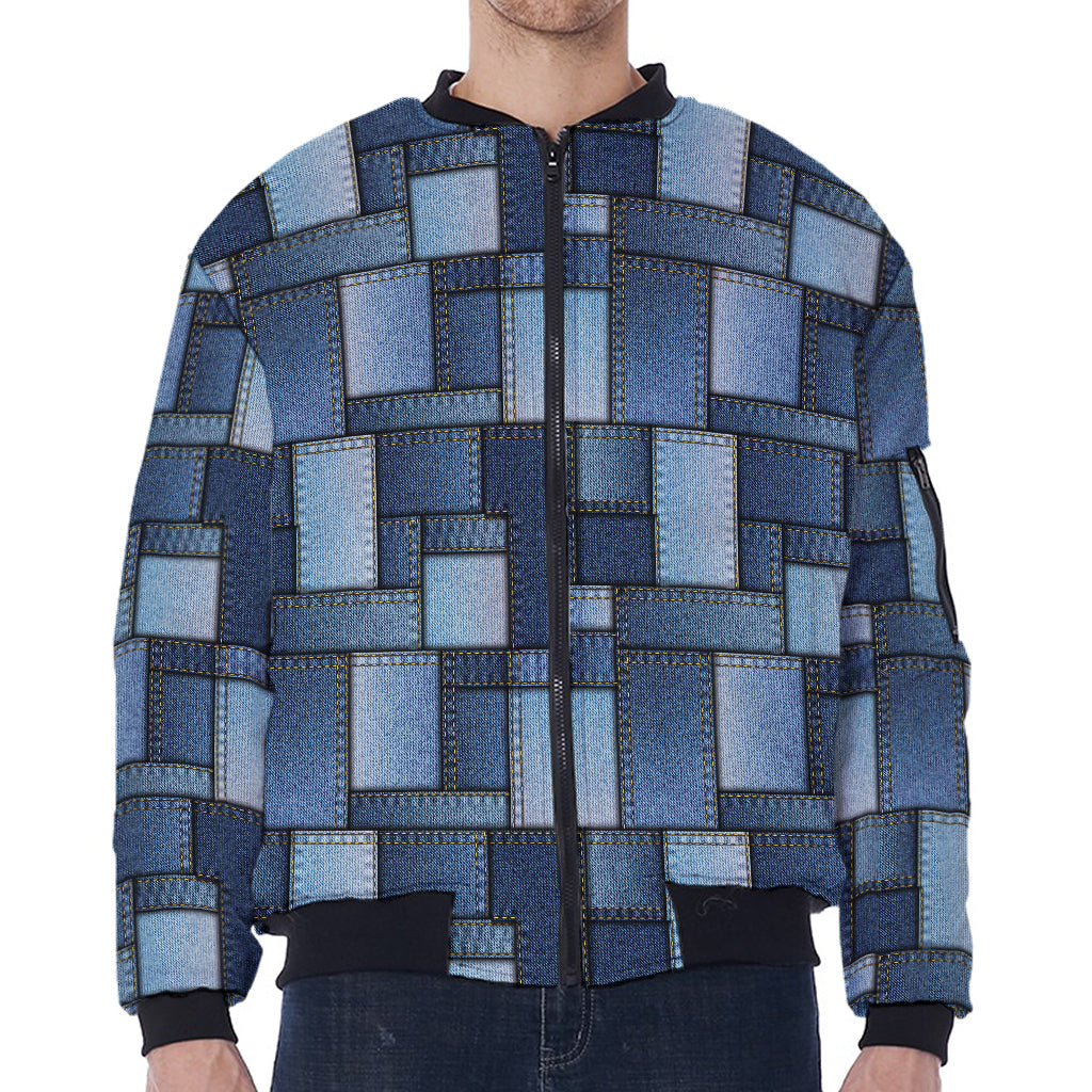 Blue Denim Patchwork Pattern Print Zip Sleeve Bomber Jacket