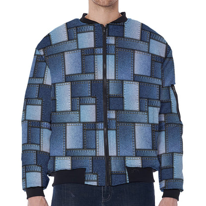 Blue Denim Patchwork Pattern Print Zip Sleeve Bomber Jacket