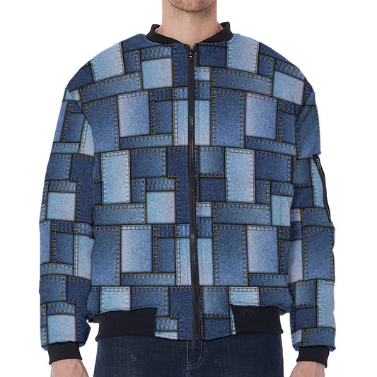 Blue Denim Patchwork Pattern Print Zip Sleeve Bomber Jacket