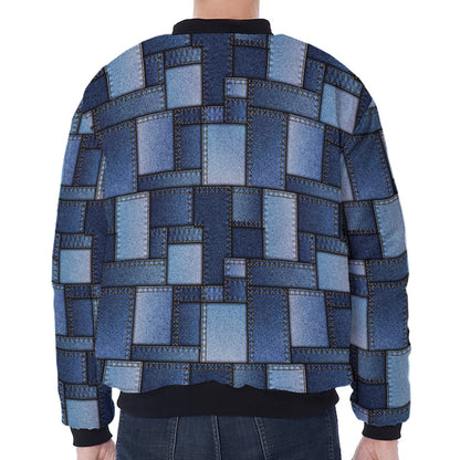 Blue Denim Patchwork Pattern Print Zip Sleeve Bomber Jacket