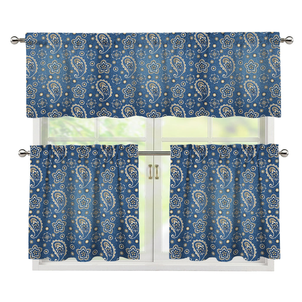 Blue Denim Western Paisley Print 3 Piece Kitchen Curtains