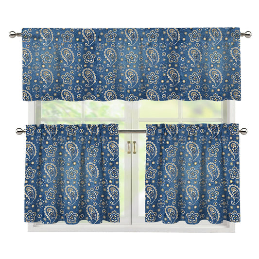 Blue Denim Western Paisley Print 3 Piece Kitchen Curtains