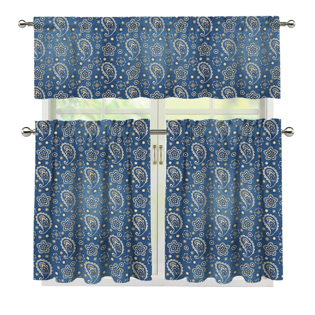 Blue Denim Western Paisley Print 3 Piece Kitchen Curtains