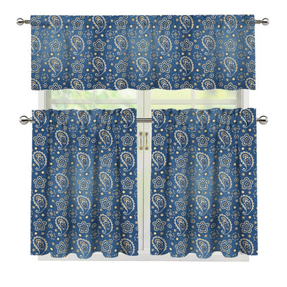 Blue Denim Western Paisley Print 3 Piece Kitchen Curtains