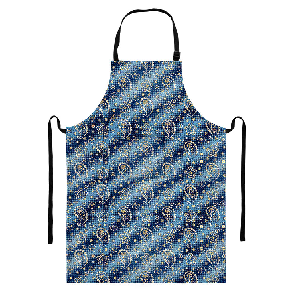 Blue Denim Western Paisley Print Bib Apron With Pocket