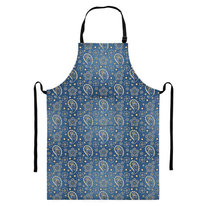 Blue Denim Western Paisley Print Bib Apron With Pocket