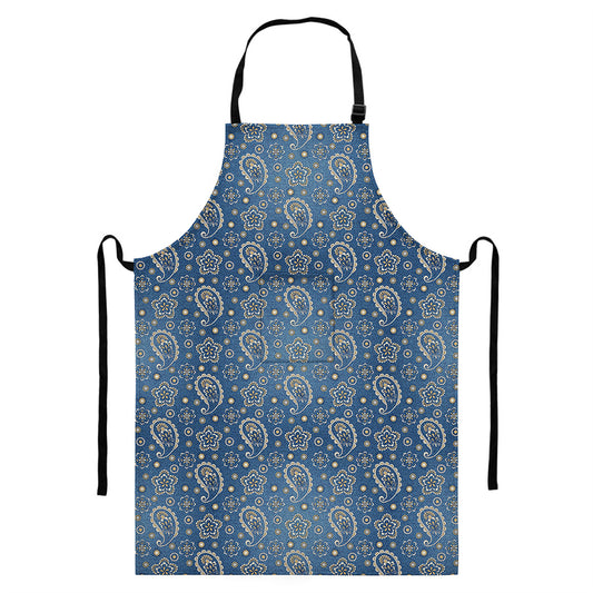 Blue Denim Western Paisley Print Bib Apron With Pocket