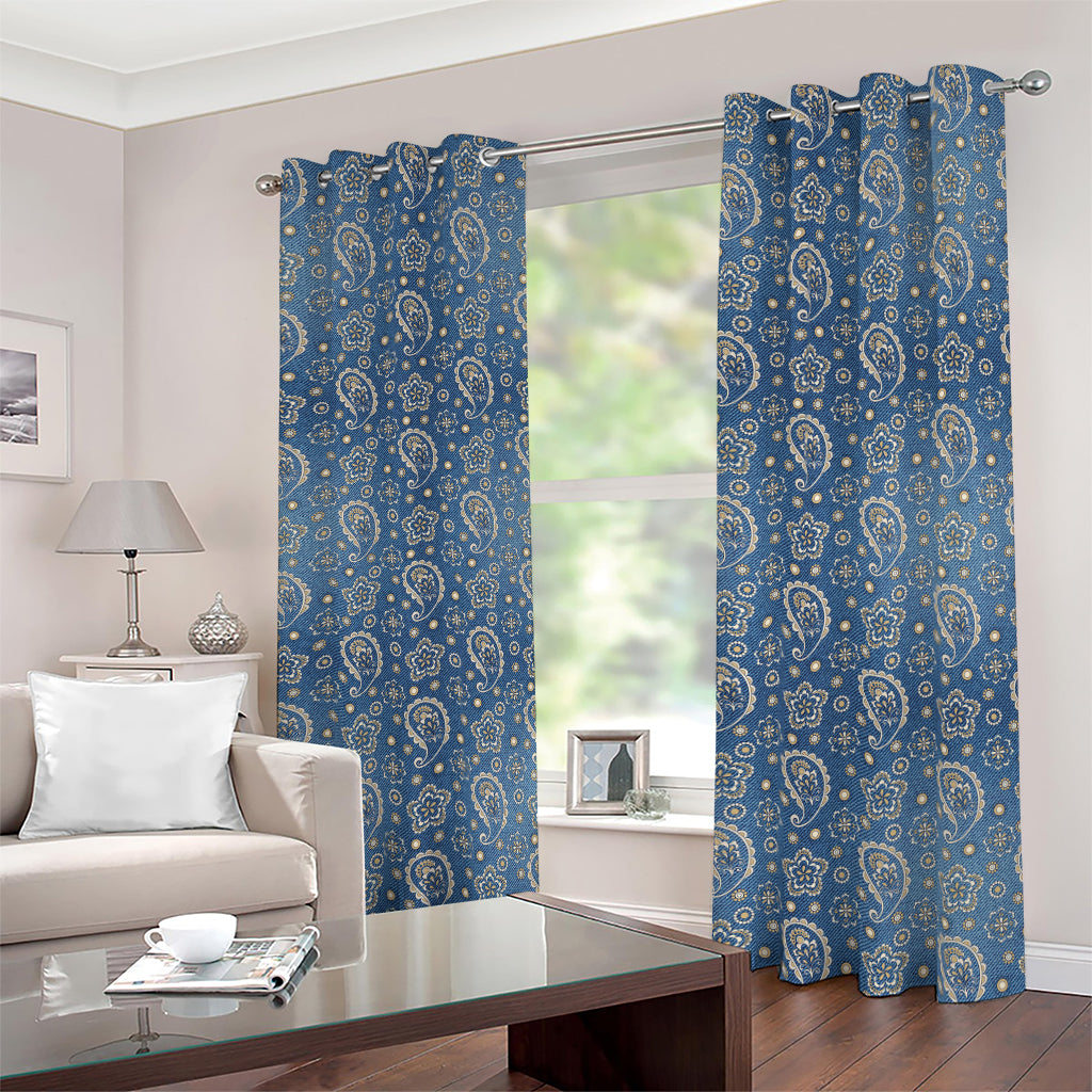 Blue Denim Western Paisley Print Blackout Grommet Curtains