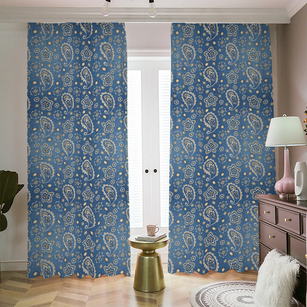 Blue Denim Western Paisley Print Blackout Pencil Pleat Curtains