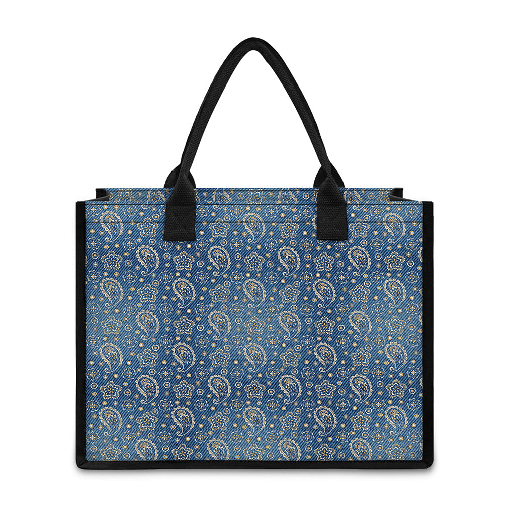 Blue Denim Western Paisley Print Canvas Tote Bag
