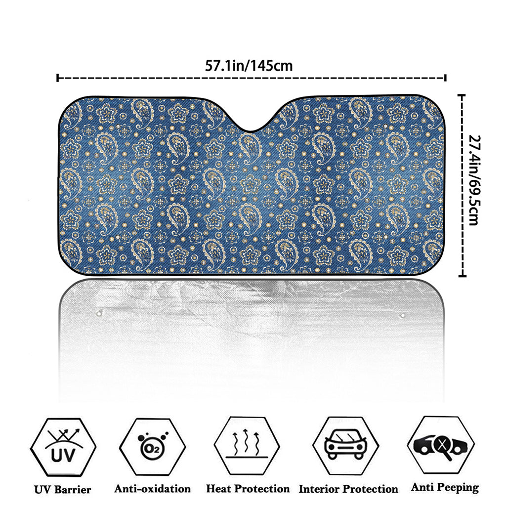 Blue Denim Western Paisley Print Car Windshield Sun Shade