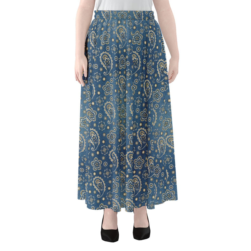 Blue Denim Western Paisley Print Chiffon Maxi Skirt