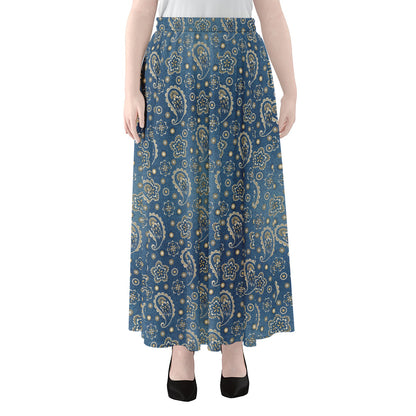 Blue Denim Western Paisley Print Chiffon Maxi Skirt