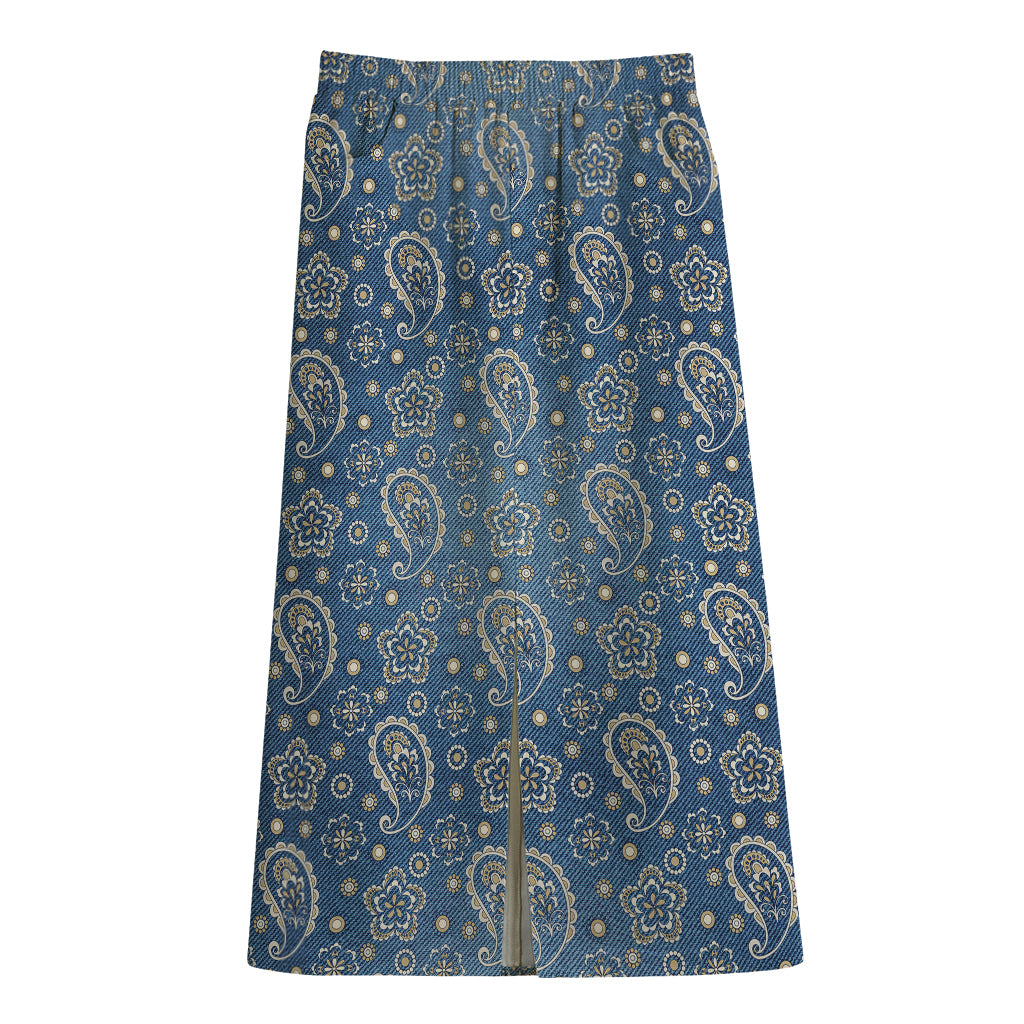 Blue Denim Western Paisley Print Cotton Front Slit Maxi Skirt