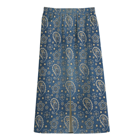 Blue Denim Western Paisley Print Cotton Front Slit Maxi Skirt