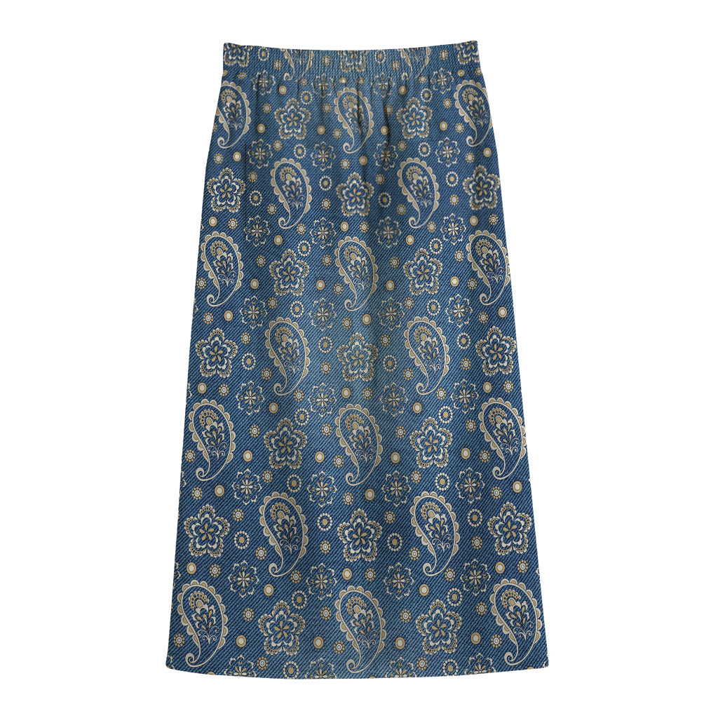 Blue Denim Western Paisley Print Cotton Front Slit Maxi Skirt