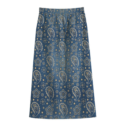 Blue Denim Western Paisley Print Cotton Front Slit Maxi Skirt