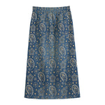 Blue Denim Western Paisley Print Cotton Front Slit Maxi Skirt
